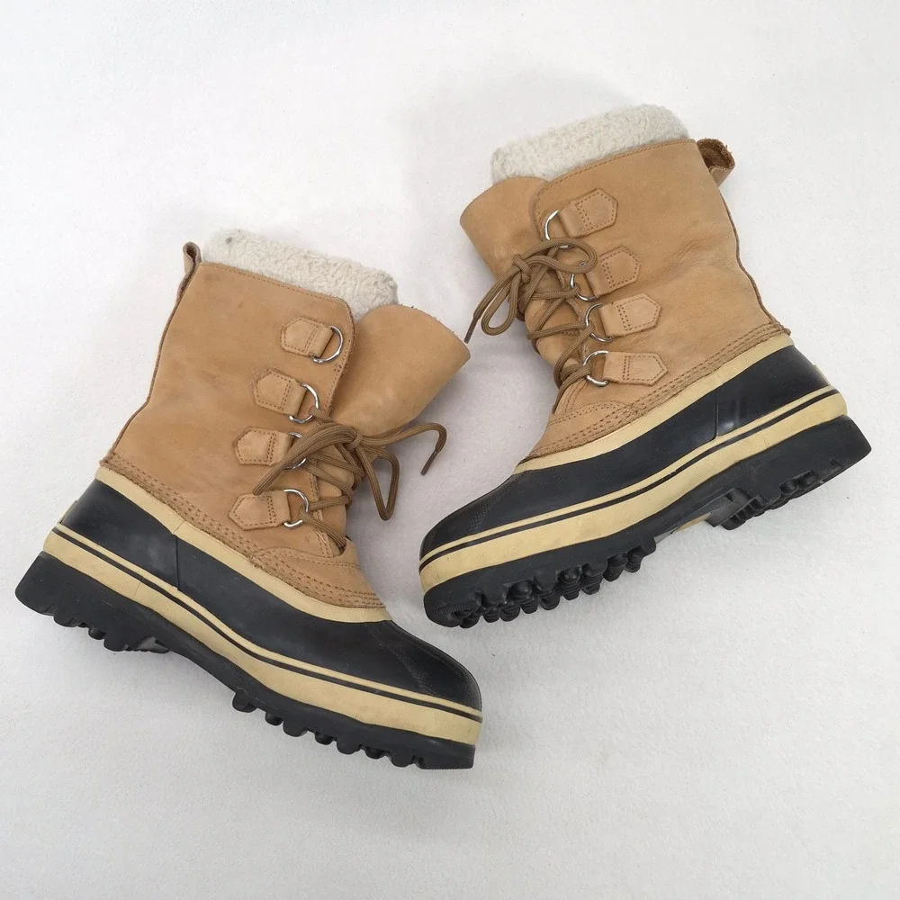 Sorel Caribou Tan Black Leather Waterproof Winter Snow Boots Lace Up Size 8